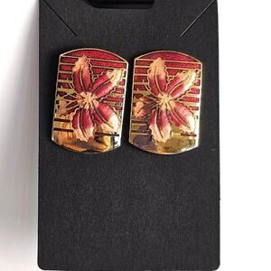 Vintage Pierced Enamel Earrings Red Gold Flower Design Rectangle Studs 1.38 Inch